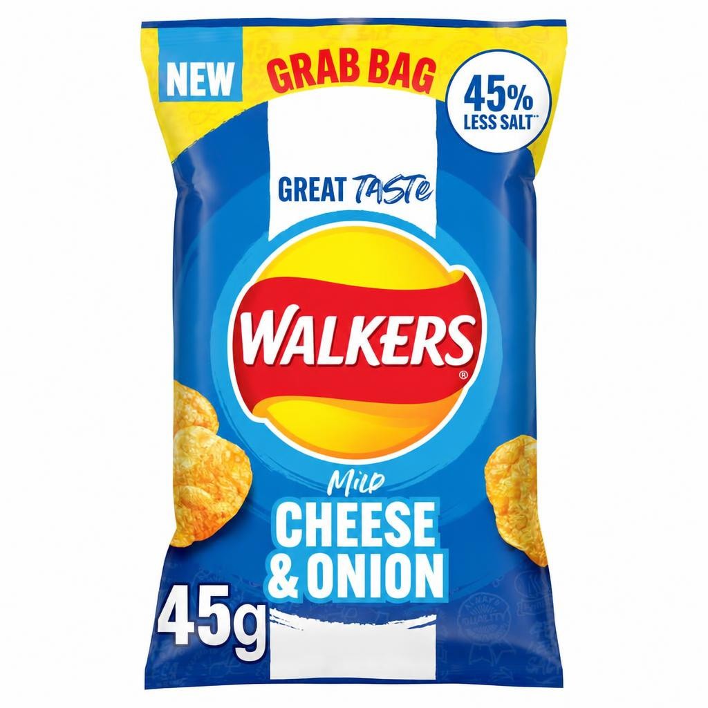 Walkers Mild Cheese & Onion Less Salt Grab Bag Crisps 45g