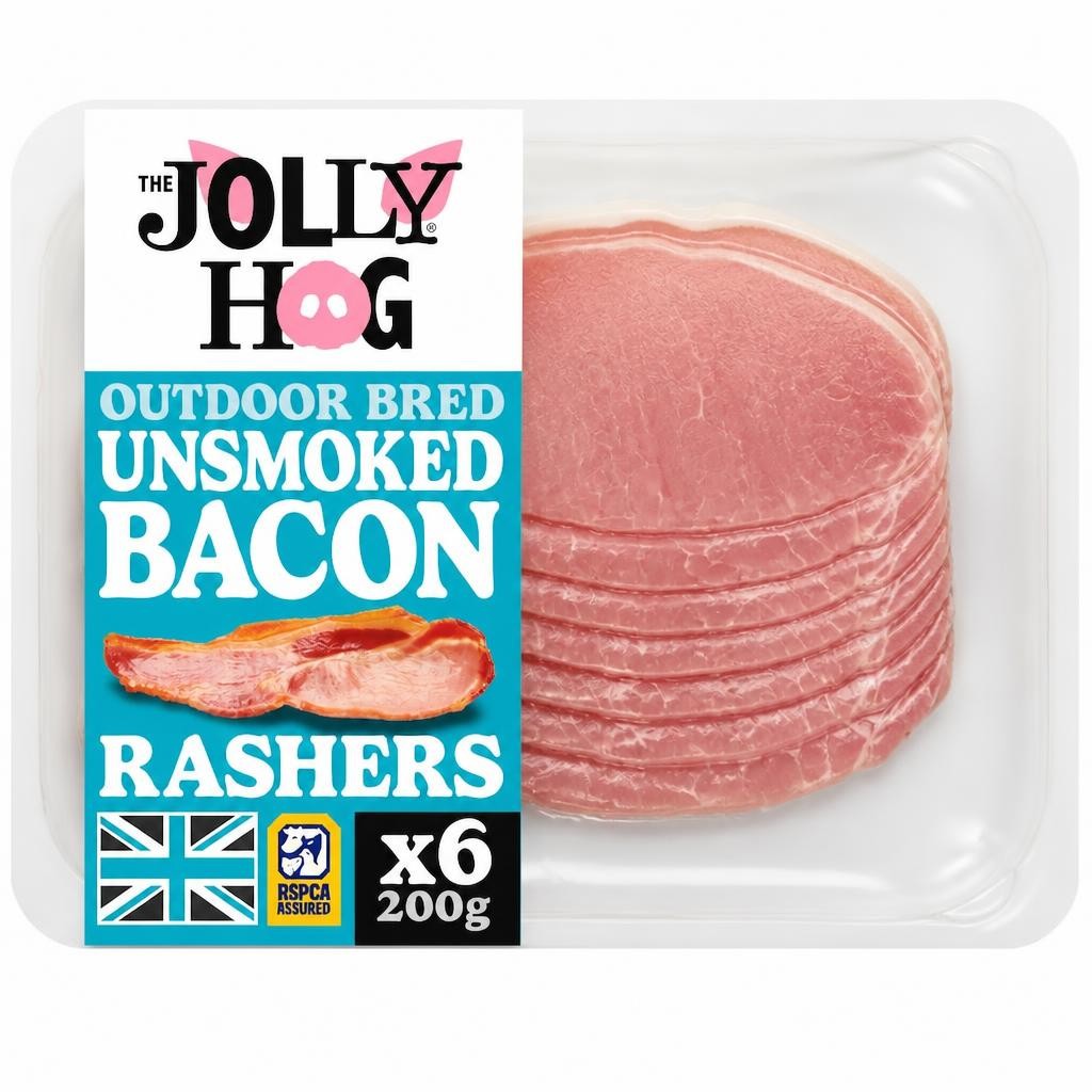 The Jolly Hog 6 Unsmoked Back Bacon Rashers 200g | British & Outdoor Bred