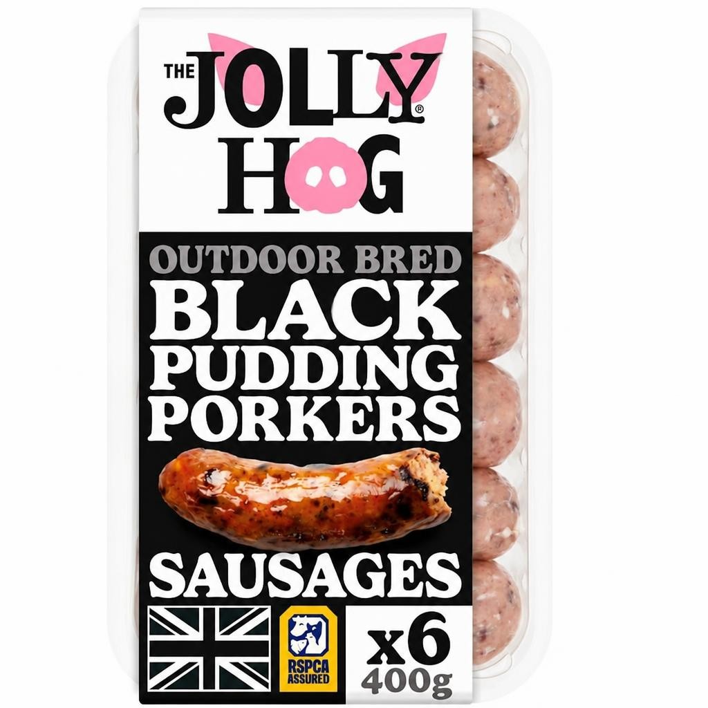 The Jolly Hog 6 Black Pudding Porker sausages with Black Pudding and Apple 400g |British & Outdoor Bred