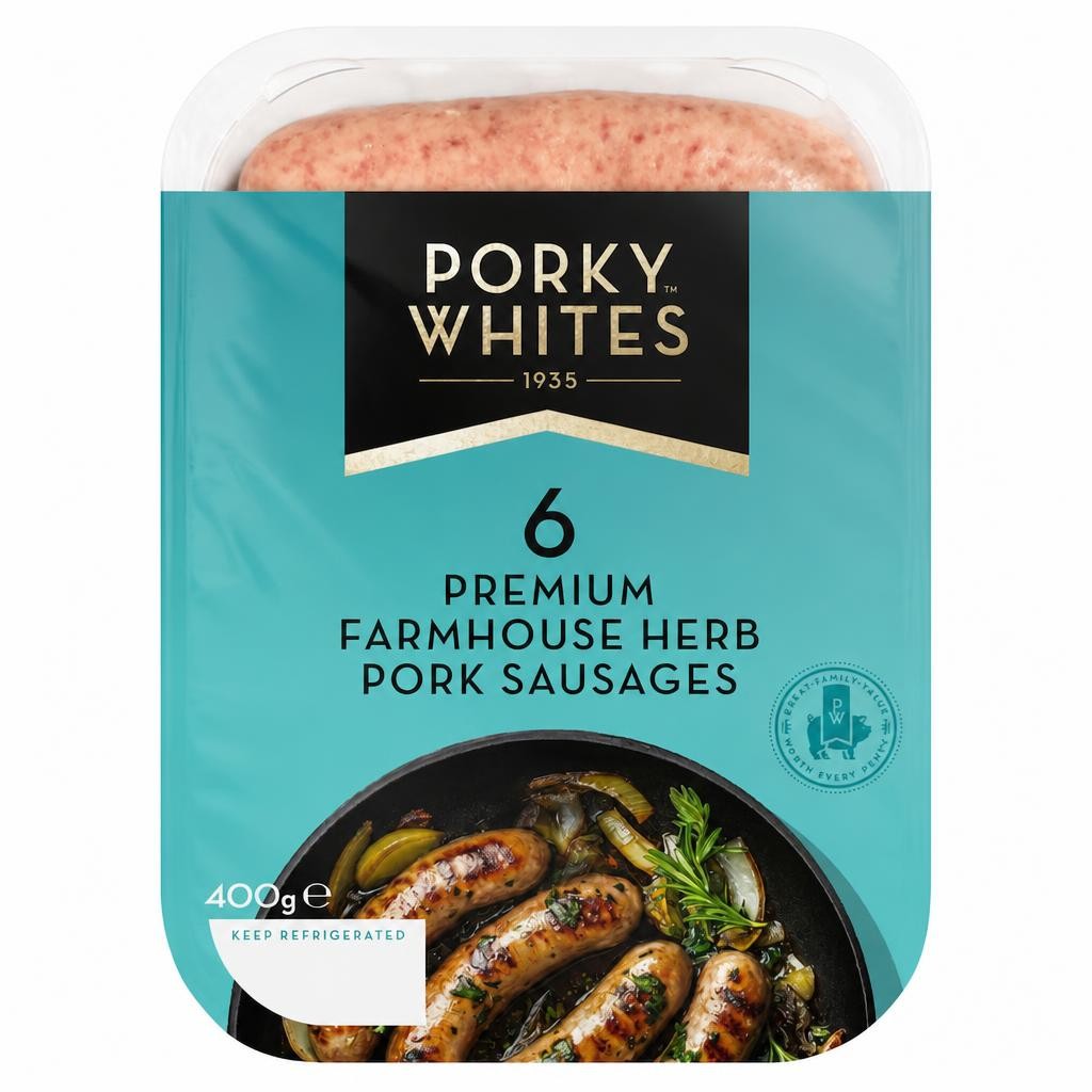 PORKY WHITES 6 PREMIUM FARMHOUSE HERB PORK SAUSAGES 400G