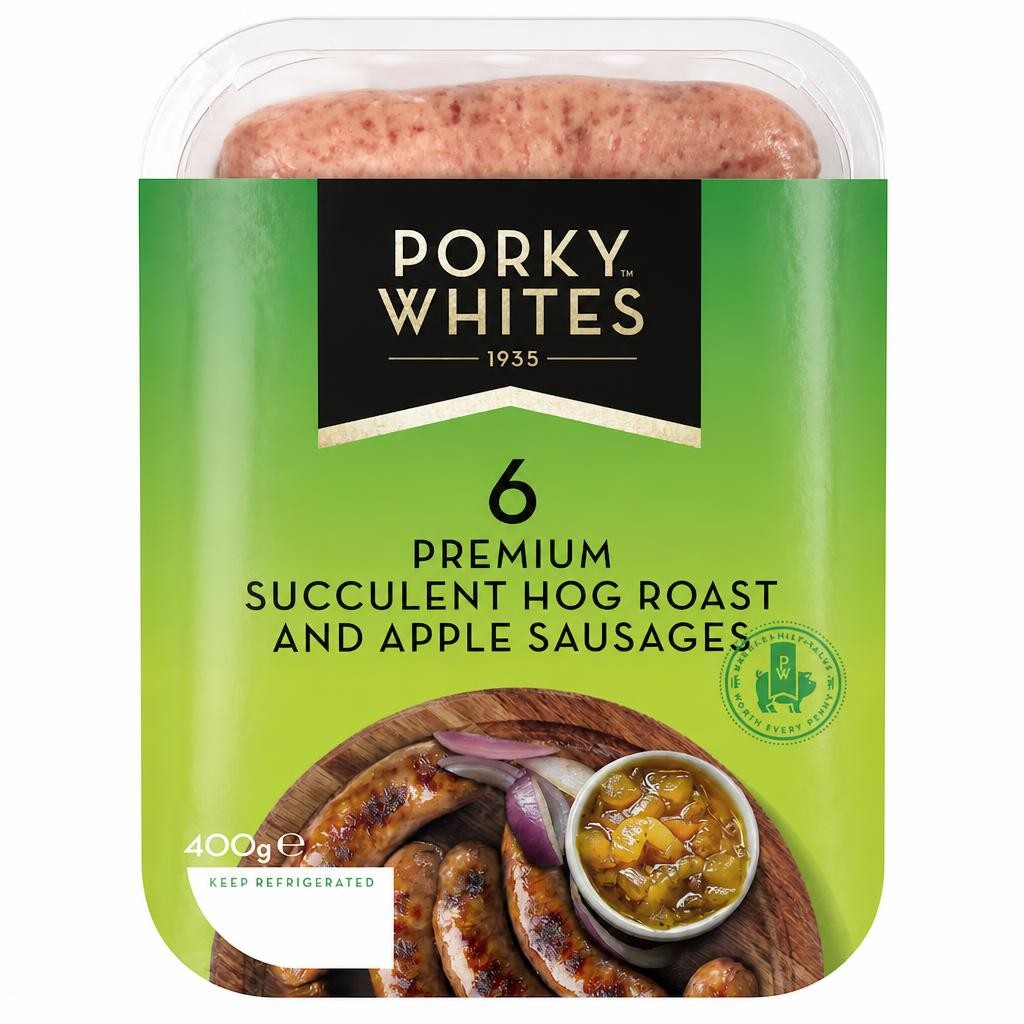 PORKY WHITES 6 PREMIUM SUCCULENT HOG ROAST AND APPLE SAUSAGES 400G