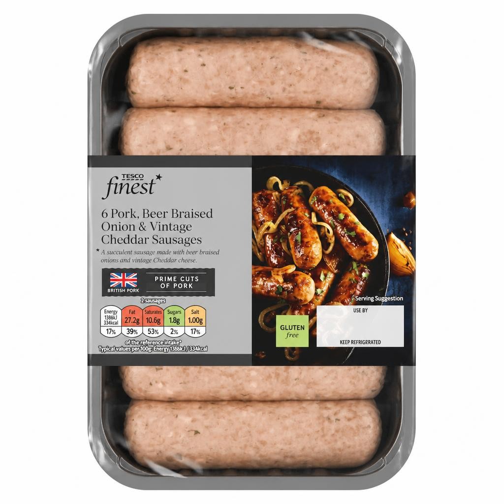 Tesco Finest Pork, Cheddar & Beer Braised Onion Sausages 400g