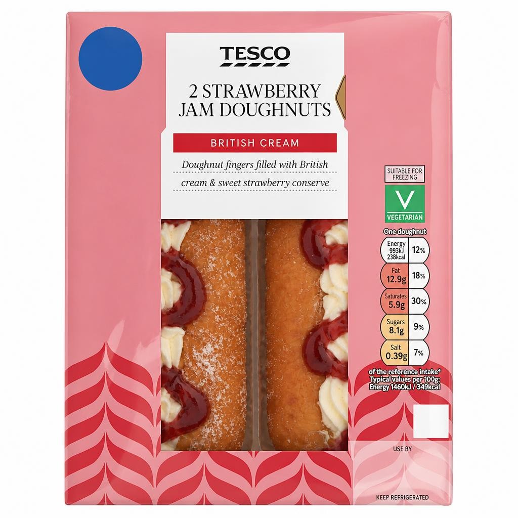 Tesco Cream & Strawberry Jam Doughnuts 2 Pack