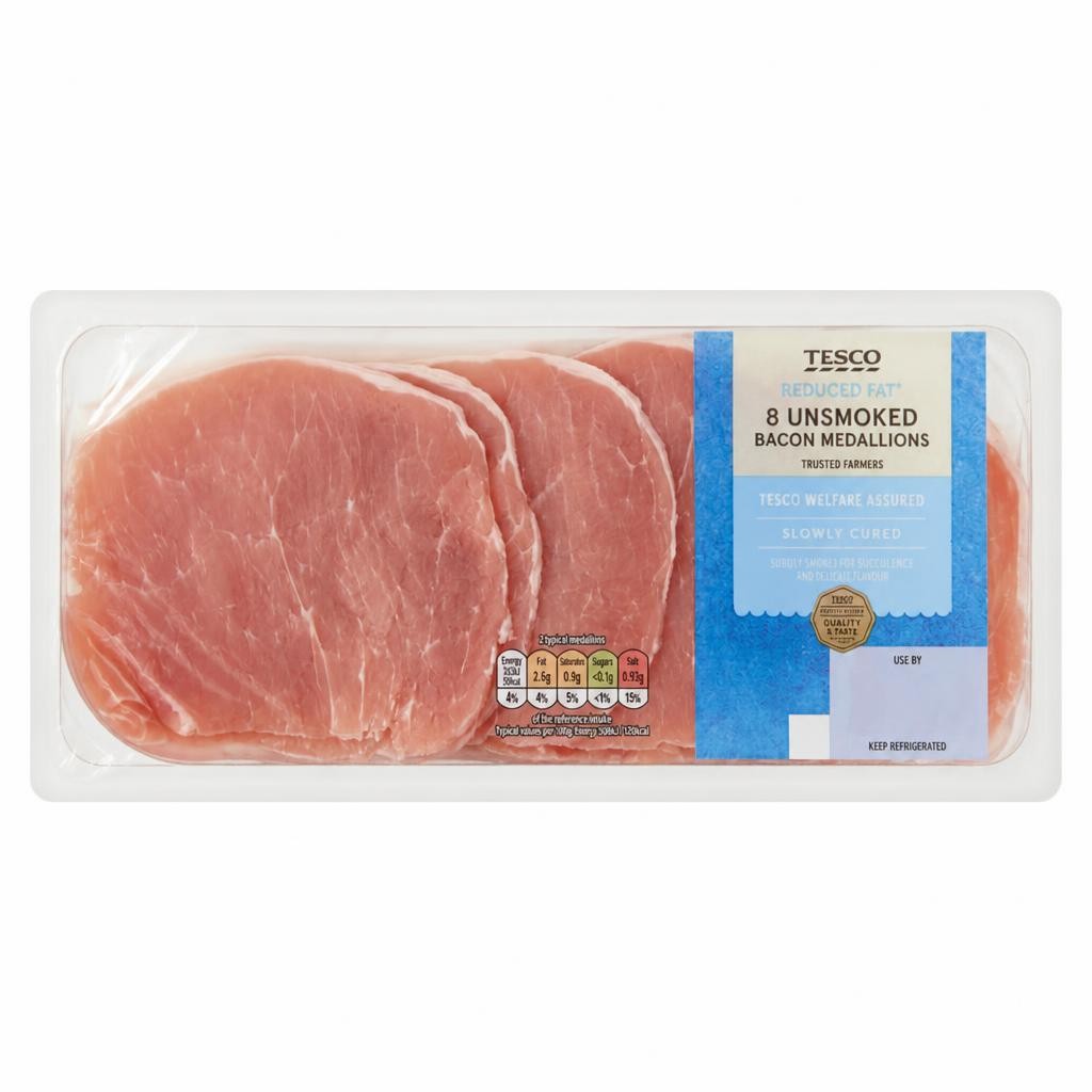 Tesco Reduced Fat & Salt 8 Bacon Medallions Unsmoked 240g
