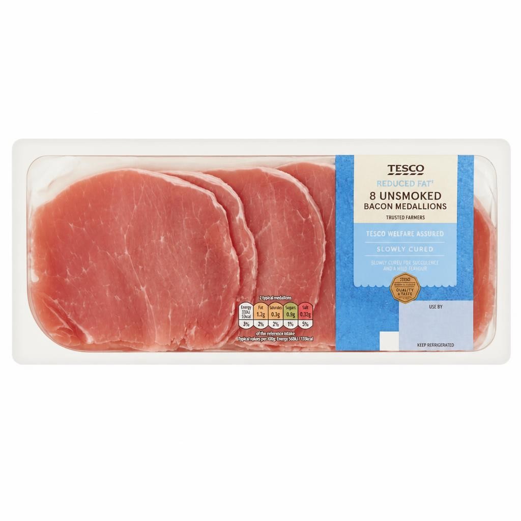 Tesco Reduced Fat & Salt 8 Bacon Medallions Unsmoked 240g