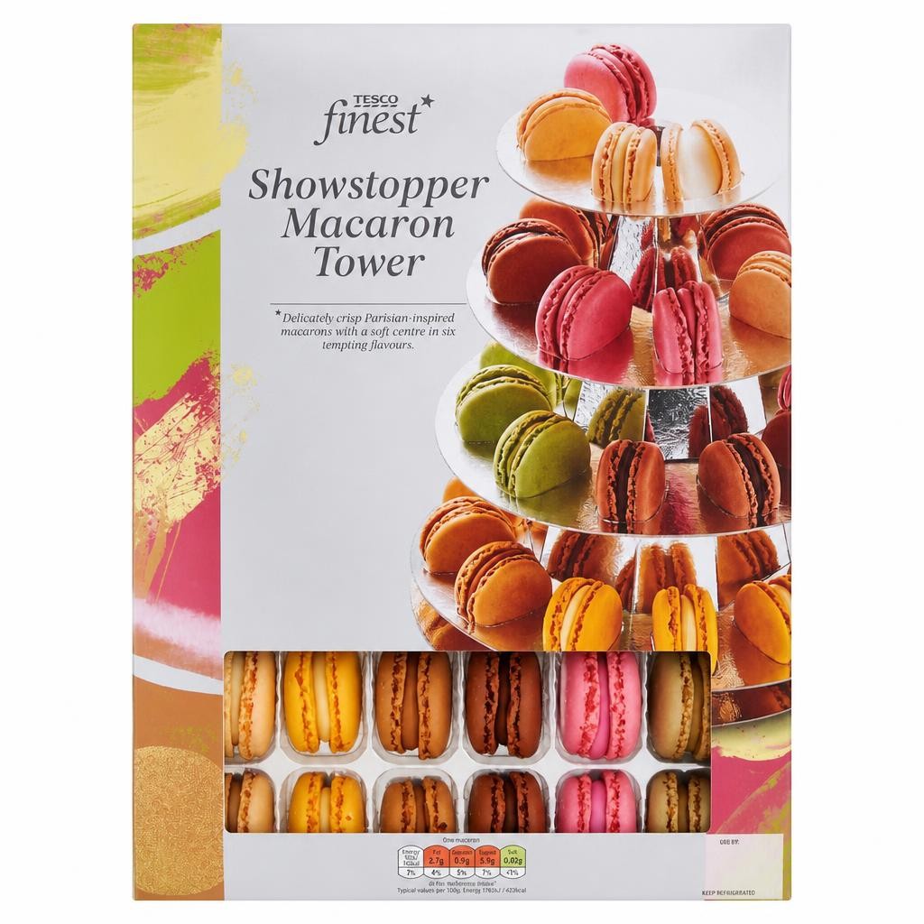 74. Tesco Finest Showstopper Macaron Tower 432g (Serves 36)