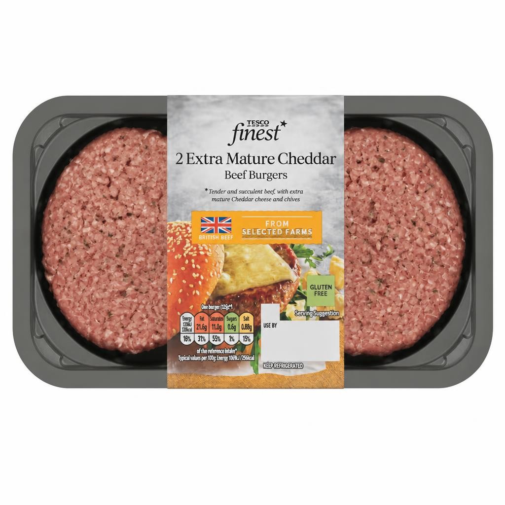 Tesco Finest Extra Mature Cheddar 2 Beef Burgers 340g