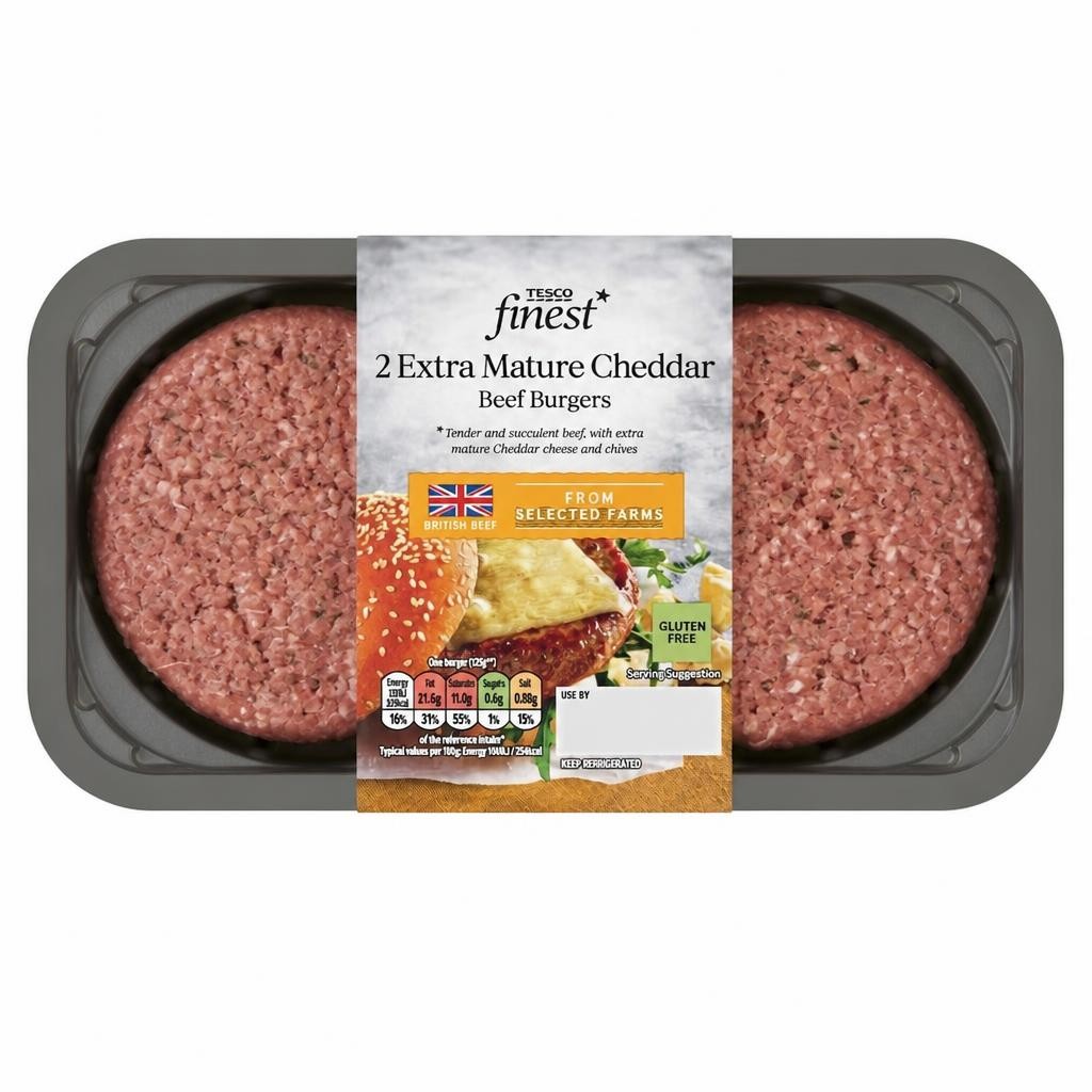 Tesco Finest Extra Mature Cheddar 2 Beef Burgers 340g