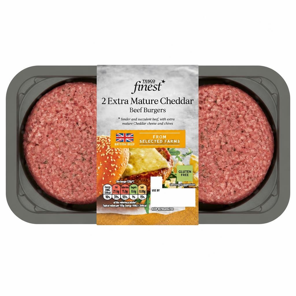Tesco Finest Extra Mature Cheddar 2 Beef Burgers 340g