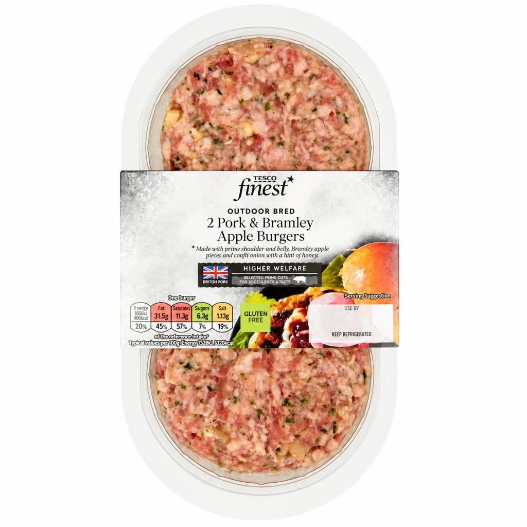 Tesco Finest 2 Pork And Bramley Apple Burgers 300G