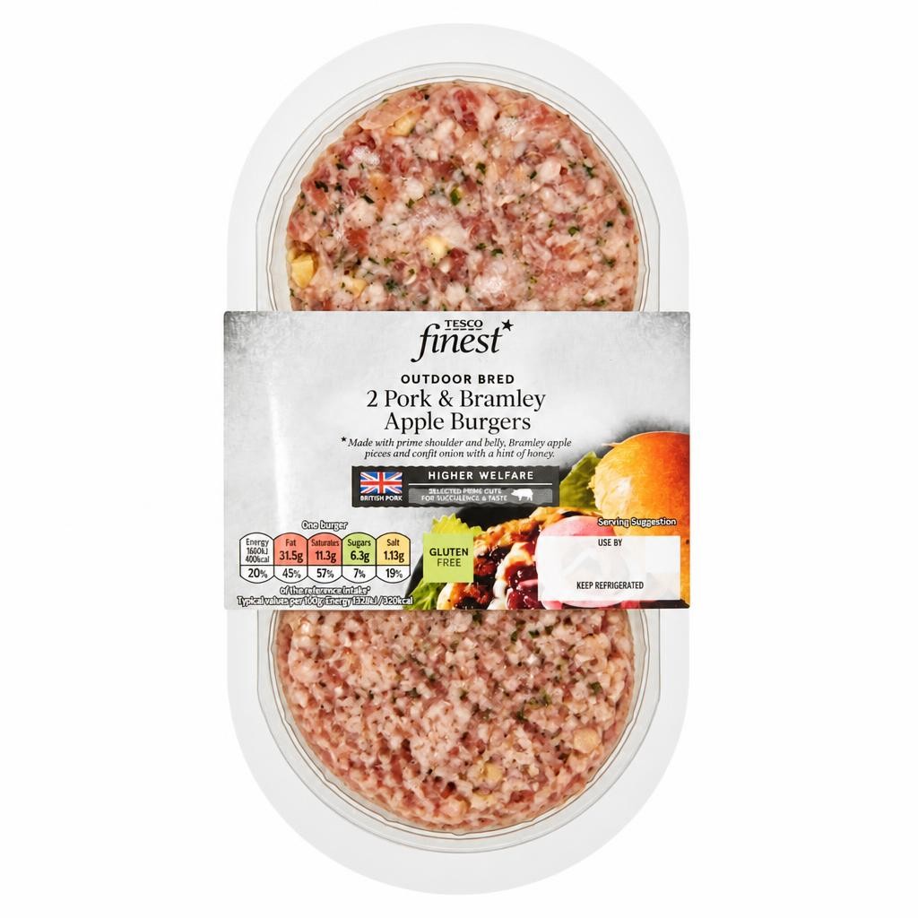 Tesco Finest 2 Pork And Bramley Apple Burgers 300G