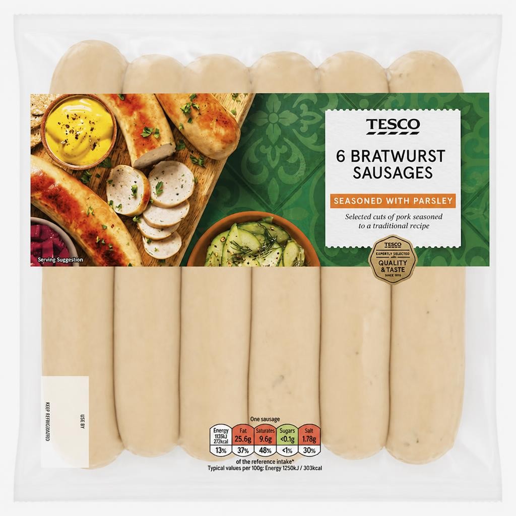 Tesco 6 Bratwurst Sausages 540g