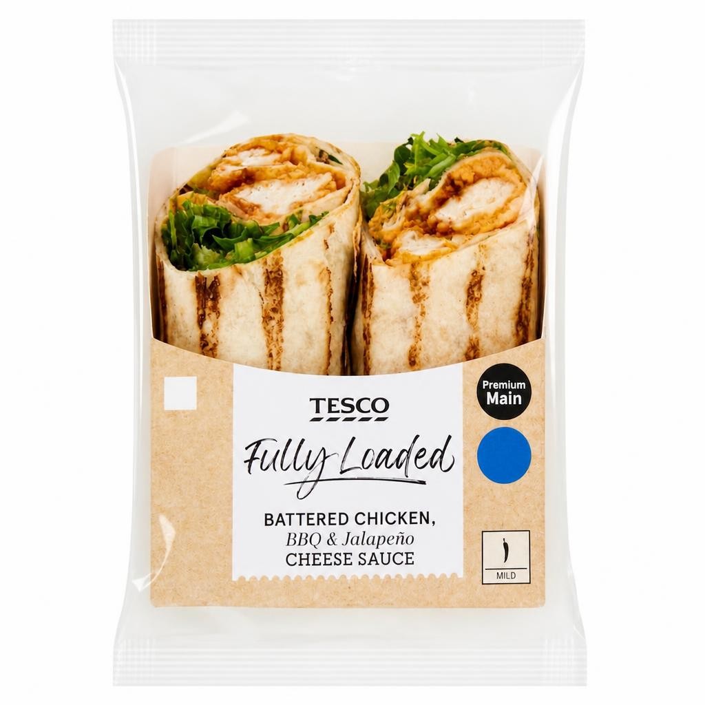 Tesco Fully Loaded Battered Chicken, BBQ & Jalapeno Cheese Sauce Wrap