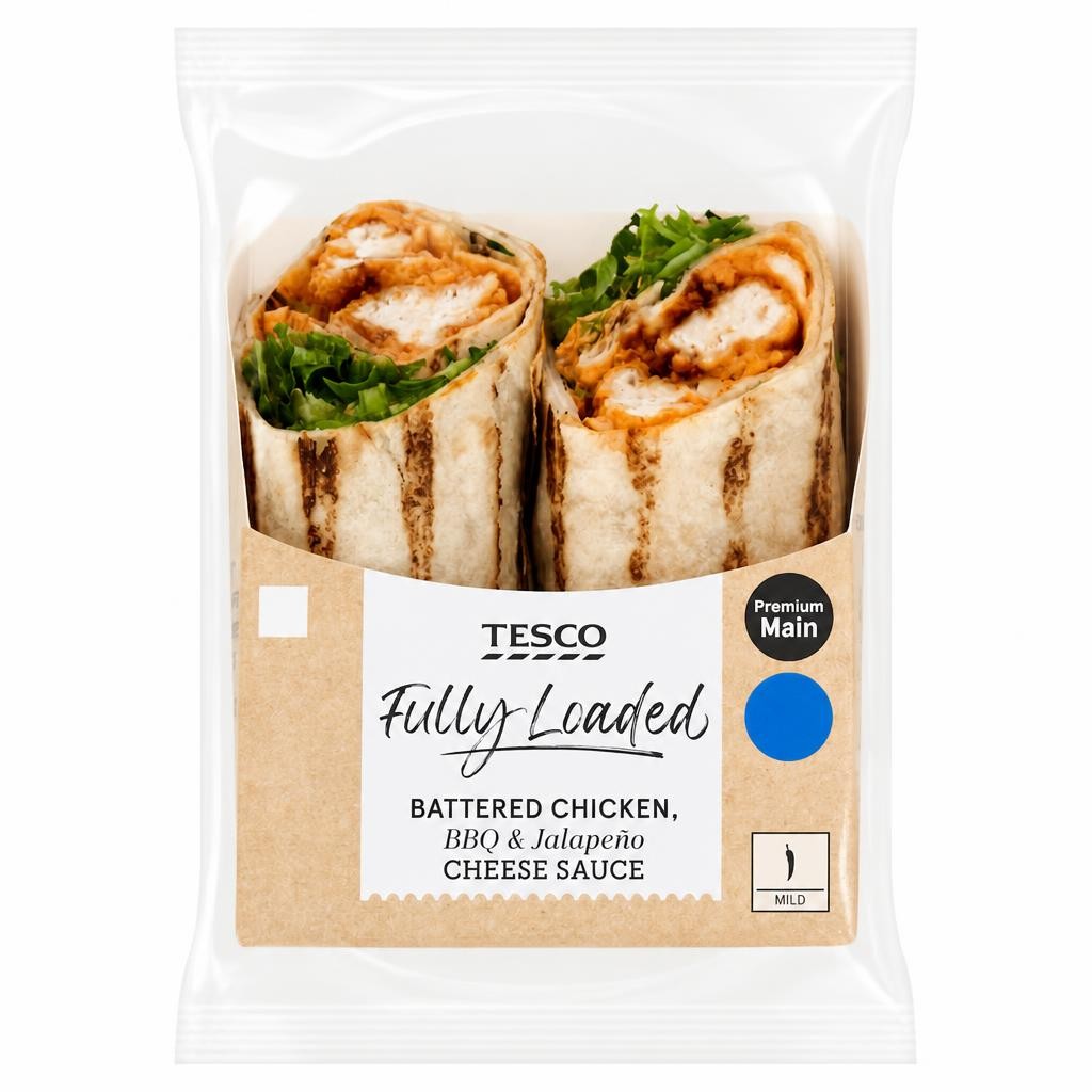 Tesco Fully Loaded Battered Chicken, BBQ & Jalapeno Cheese Sauce Wrap