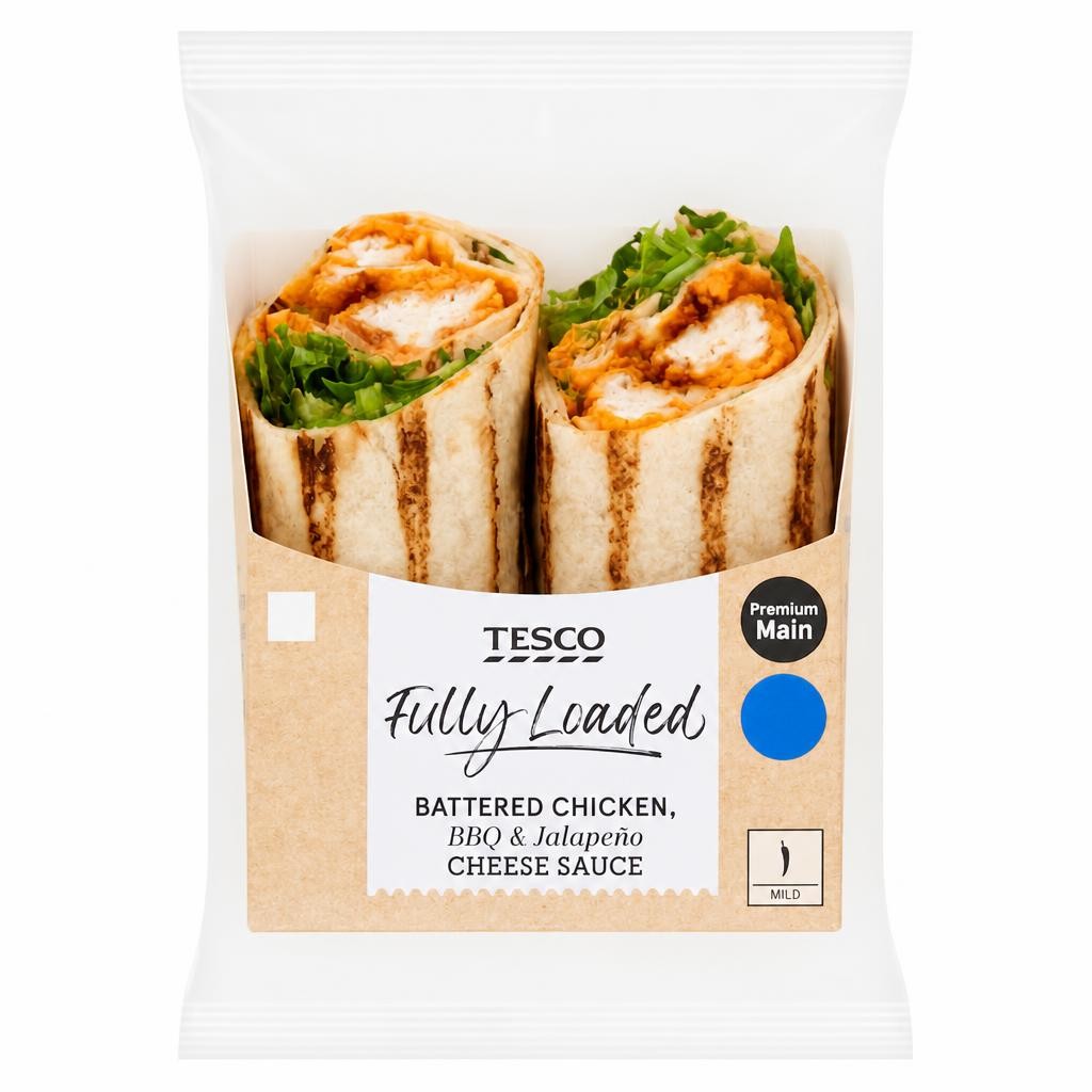 Tesco Fully Loaded Battered Chicken, BBQ & Jalapeno Cheese Sauce Wrap