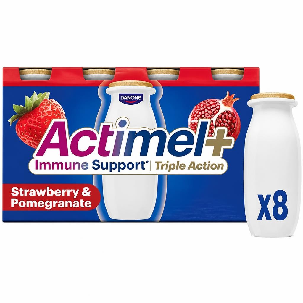 Actimel+ Triple Action 100% Vitamin D Strawberry & Pomegranate Yoghurt Drink 8x100g