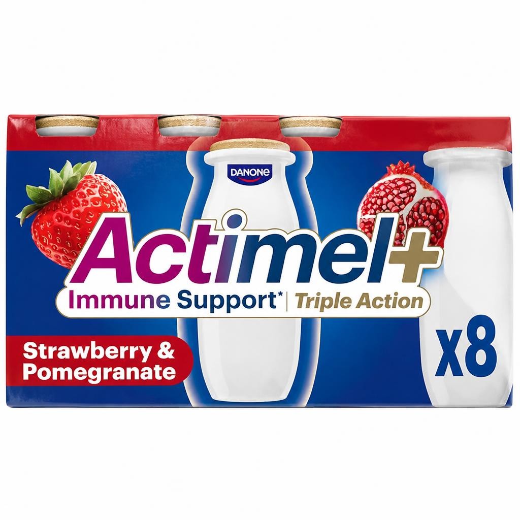 Actimel+ Triple Action 100% Vitamin D Strawberry & Pomegranate Yoghurt Drink 8x100g