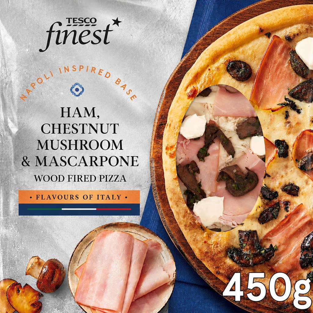 Tesco Finest Ham Mushroom Mascarpone Woodfired Pizza 450g