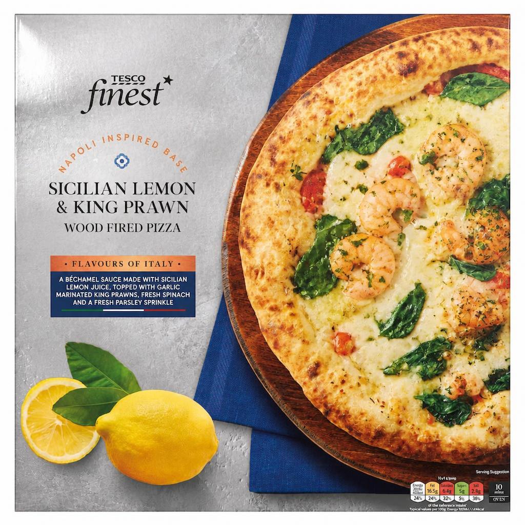 Tesco Finest Sicilian Lemon & King Prawn Wood Fired Pizza 406g