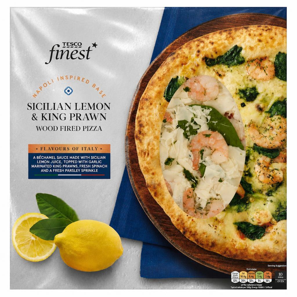 Tesco Finest Sicilian Lemon & King Prawn Wood Fired Pizza 406g