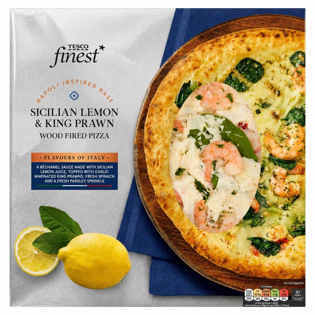 Tesco Finest Sicilian Lemon & King Prawn Wood Fired Pizza 406g