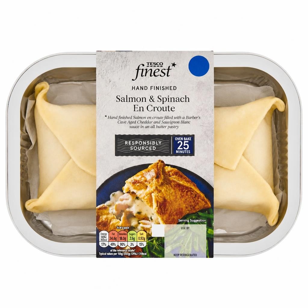 Tesco finest 2 Salmon & Spinach En Croute with Barber's Cave Aged Cheddar and Sauvignon Wine Sauce 395g