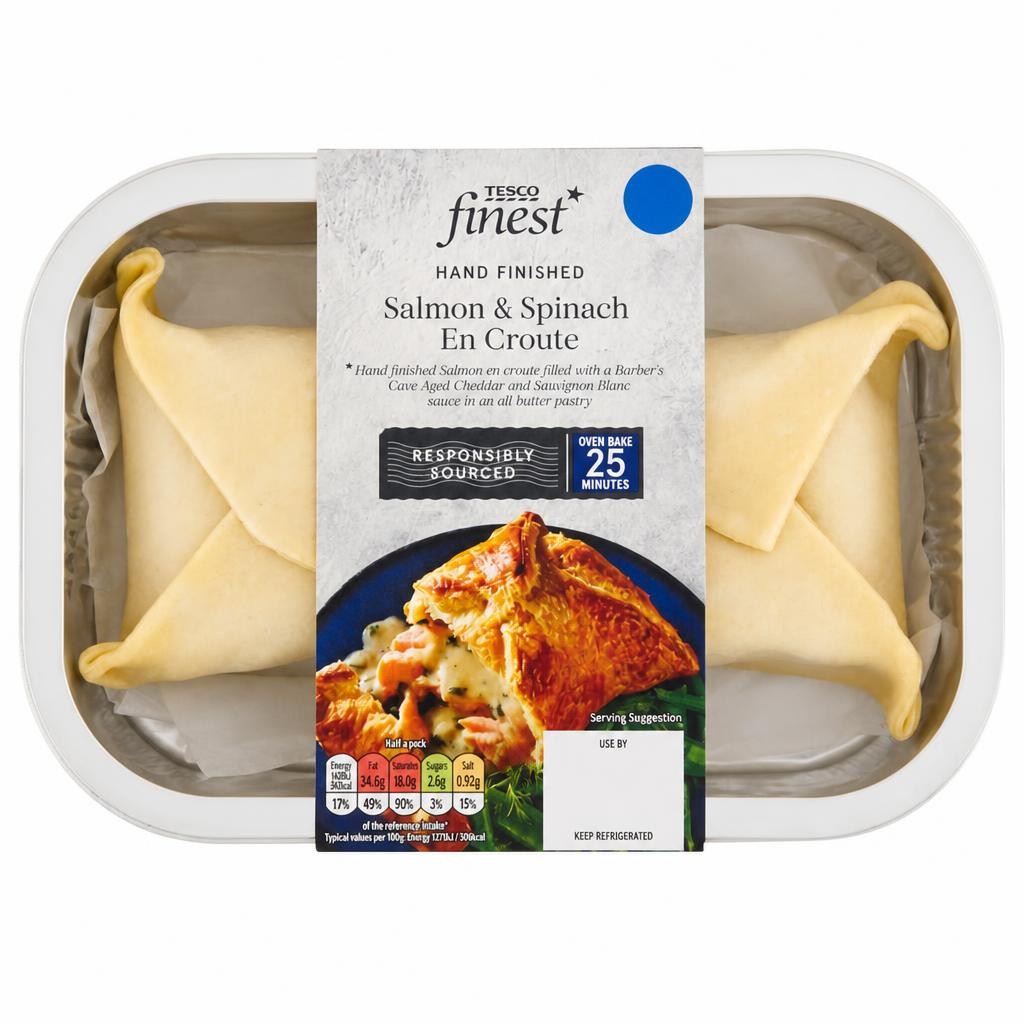 Tesco finest 2 Salmon & Spinach En Croute with Barber's Cave Aged Cheddar and Sauvignon Wine Sauce 395g