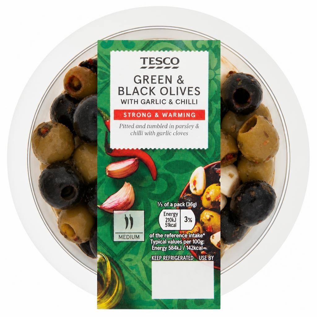 Tesco Olives With Garlic & Chilli 180g