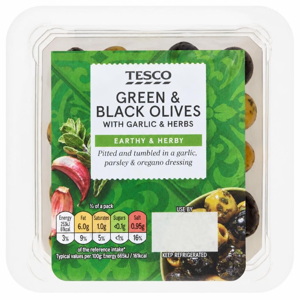Tesco Green & Black Olives With Garlic & Herbs 150g
