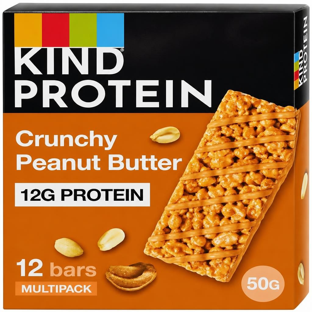 KIND Protein Bars, Gluten Free Snack Bars, Crunchy Peanut Butter, High Fibre, Source of Protein, No Artificial Colours, Flavours or Preservatives, 12 x 50g | Brown