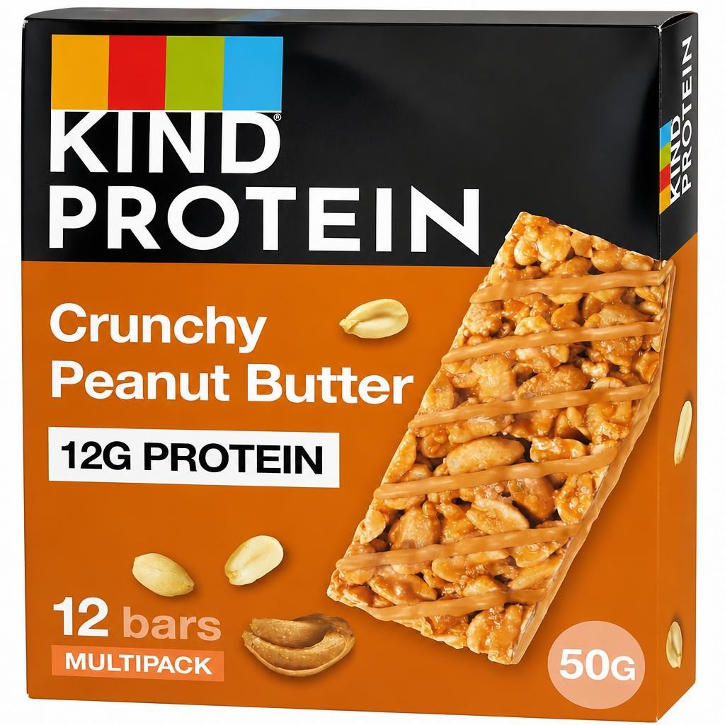 KIND Protein Bars, Gluten Free Snack Bars, Crunchy Peanut Butter, High Fibre, Source of Protein, No Artificial Colours, Flavours or Preservatives, 12 x 50g | Brown
