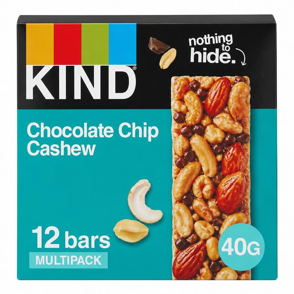 KIND Bars, High Fibre, Gluten Free Snack Bars, Chocolate Chip Cashew, No Artificial Colours, Flavours or Preservatives 12 x 40g | Green