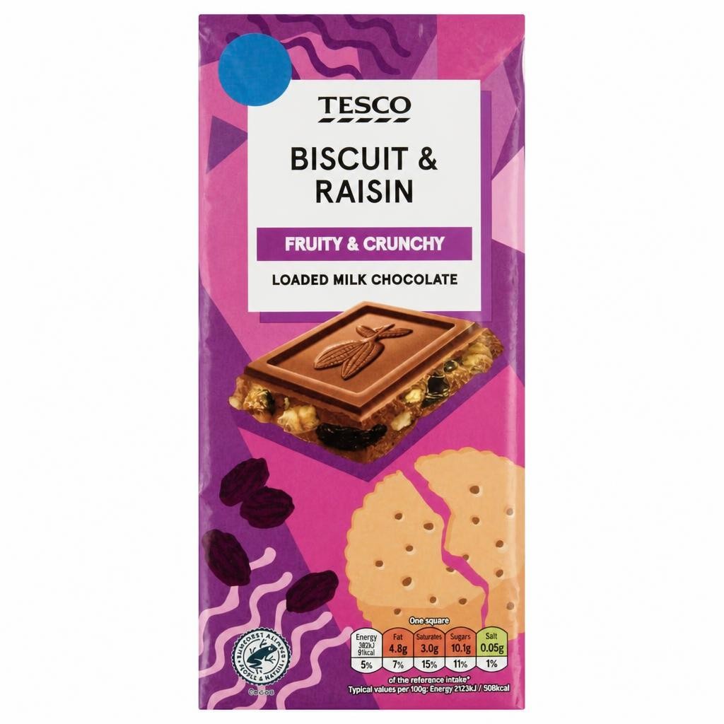 Tesco Biscuit & Raisin Loaded Milk Chocolate 180g
