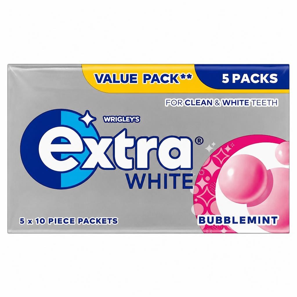 Wrigley's Extra White Bubblemint Sugarfree Chewing Gum 5 x 10 Pieces 70g