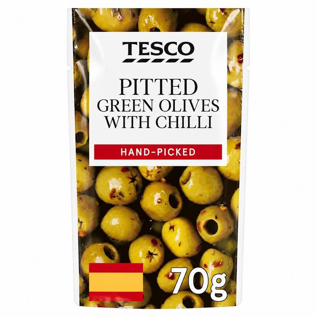 Tesco Pitted Green Olives With Chilli 70G