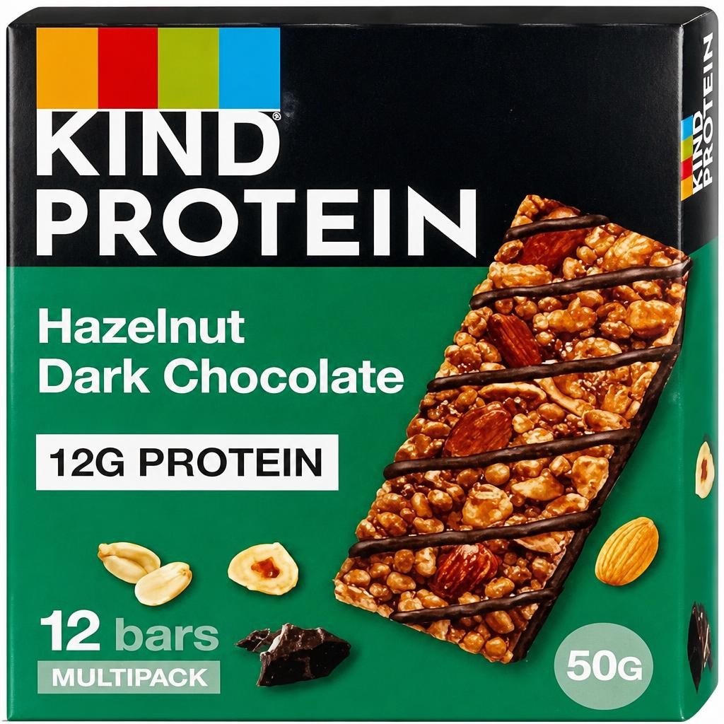 KIND Protein Bars, Gluten Free Snack Bars, Hazelnut Dark Chocolate, High Fibre, Healthy Snack, Source of Protein, Multipack 12 x 50g,Packaging may vary