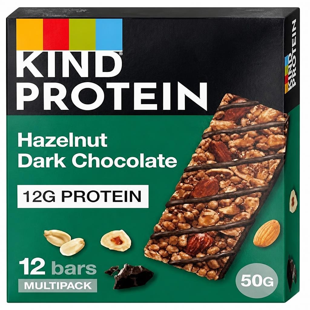 KIND Protein Bars, Gluten Free Snack Bars, Hazelnut Dark Chocolate, High Fibre, Healthy Snack, Source of Protein, Multipack 12 x 50g,Packaging may vary