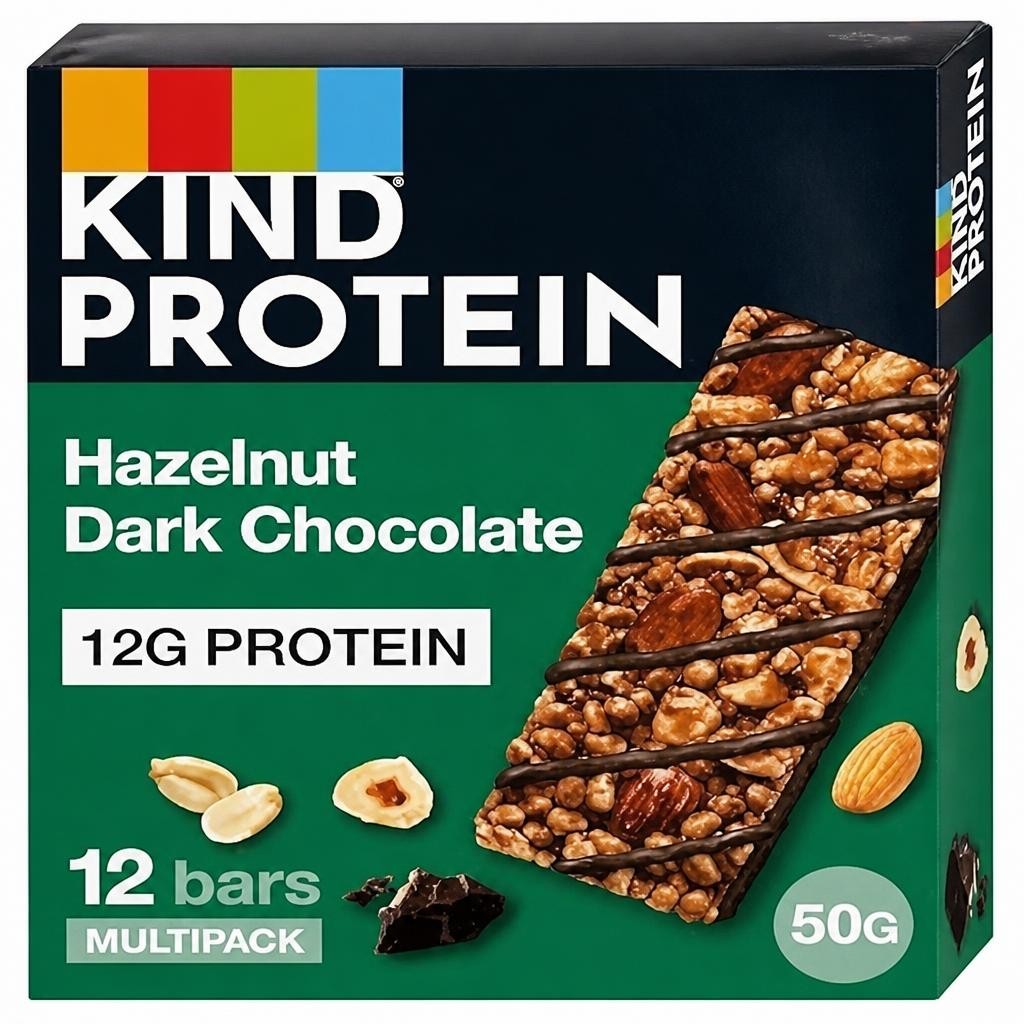 KIND Protein Bars, Gluten Free Snack Bars, Hazelnut Dark Chocolate, High Fibre, Healthy Snack, Source of Protein, Multipack 12 x 50g,Packaging may vary