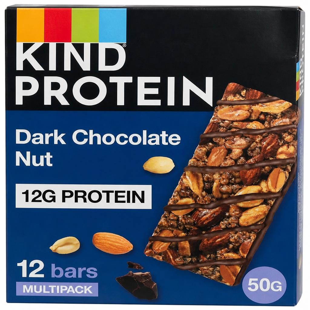 KIND Protein Bars, Gluten Free Snack, Dark Chocolate Nut, High Fibre, Source of Protein, No Artificial Colours, Flavours or Preservatives, Multipack 12 x 50g | Blue