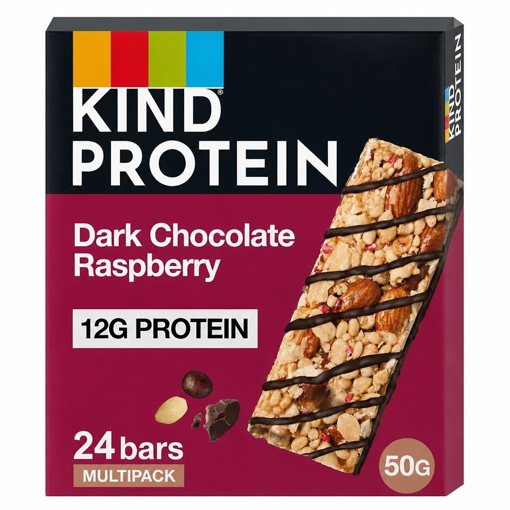 KIND Protein Bars, Gluten Free Snack, Dark Chocolate Raspberry, High Fibre, Source of Protein, No Artificial Colours, Flavours or Preservatives, 24 x 50g | Purple