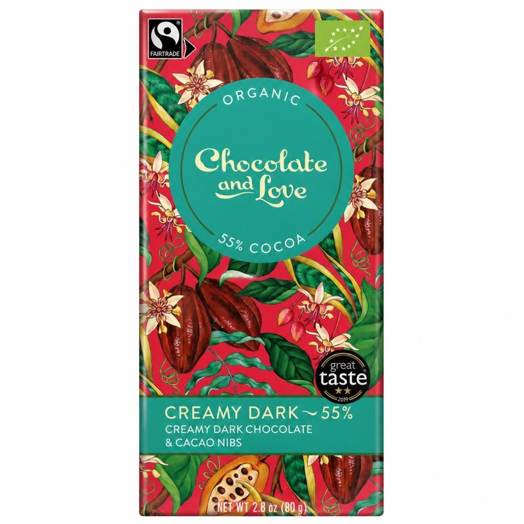 Creamy Dark Chocolate with Cocoa Nibs, Organic 80g (Chocolate and Love)