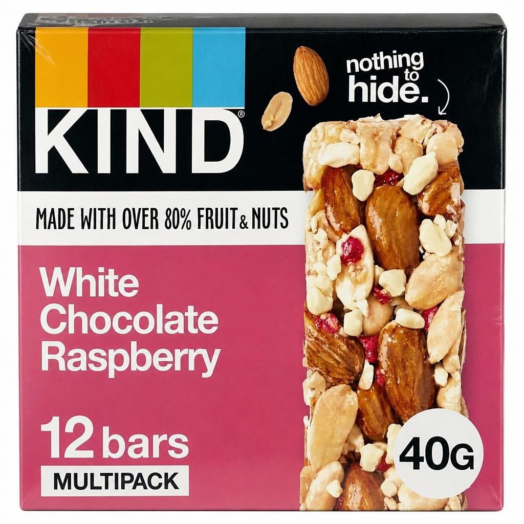 Kind Bars, White Chocolate Raspberry, Healthy Snack, Gluten Free Snack Bars, No Artificial Colours, Flavours or Preservatives, Multipack 12 x 40g | Pink