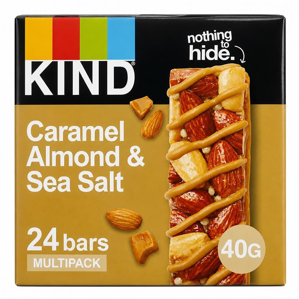 KIND Bars, Gluten Free Snack Bars, Caramel Almond & Sea Salt, High Fibre, Healthy Snack, No Artificial Colours, Flavours or Preservatives, Multipack 24 x 40g | Brown