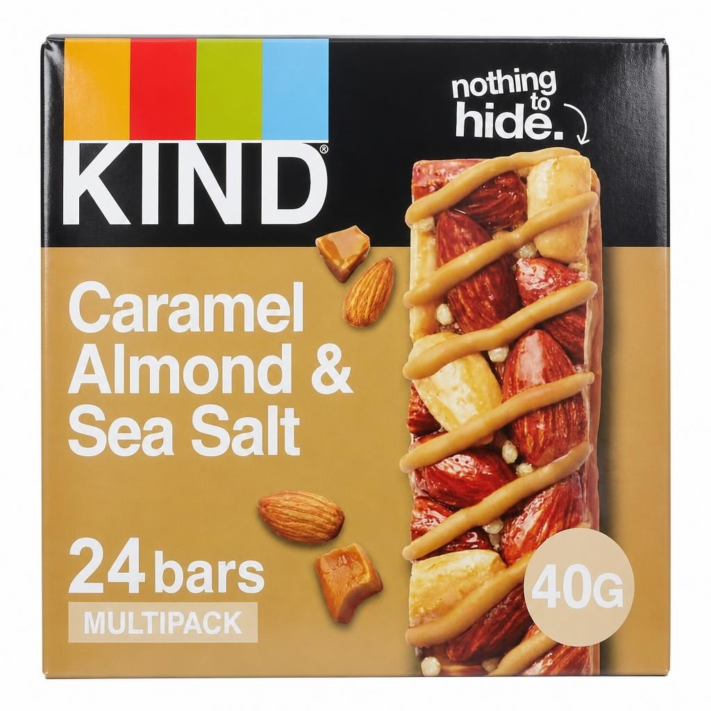 KIND Bars, Gluten Free Snack Bars, Caramel Almond & Sea Salt, High Fibre, Healthy Snack, No Artificial Colours, Flavours or Preservatives, Multipack 24 x 40g | Brown