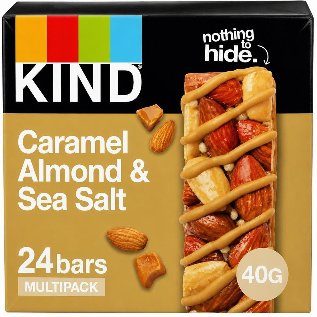 KIND Bars, Gluten Free Snack Bars, Caramel Almond & Sea Salt, High Fibre, Healthy Snack, No Artificial Colours, Flavours or Preservatives, Multipack 24 x 40g | Brown