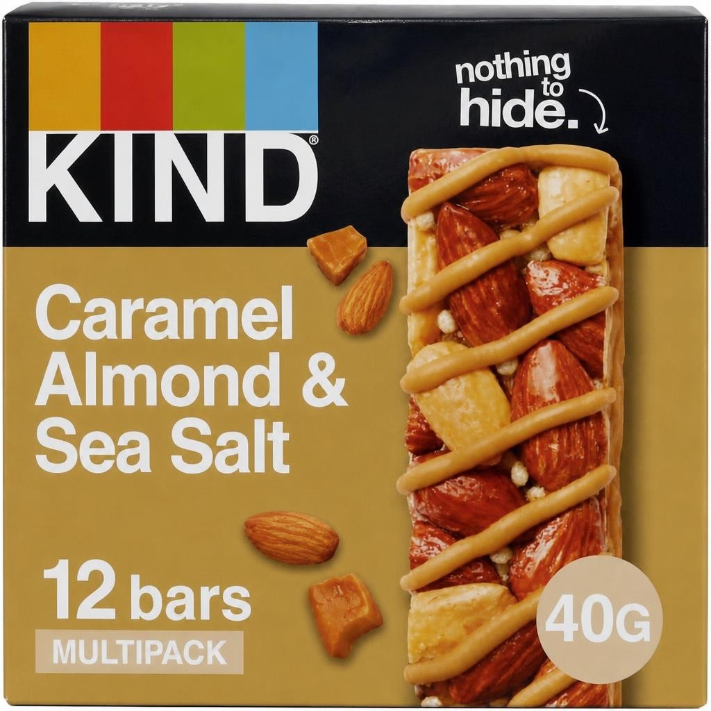 KIND Bars, Gluten Free Snack Bars, Caramel Almond & Sea Salt, High Fibre, Healthy Snack, No Artificial Colours, Flavours or Preservatives, Multipack 12 x 40g | Brown