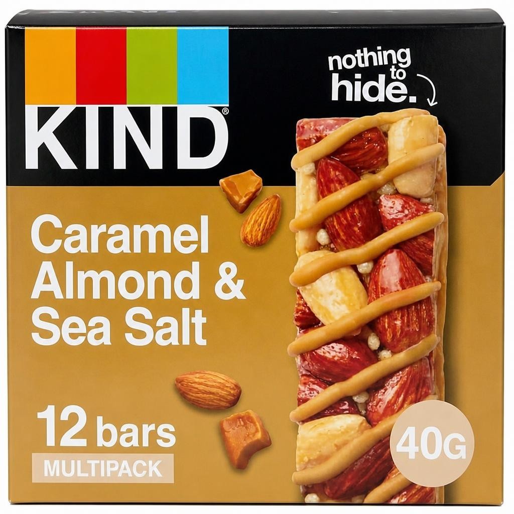 KIND Bars, Gluten Free Snack Bars, Caramel Almond & Sea Salt, High Fibre, Healthy Snack, No Artificial Colours, Flavours or Preservatives, Multipack 12 x 40g | Brown