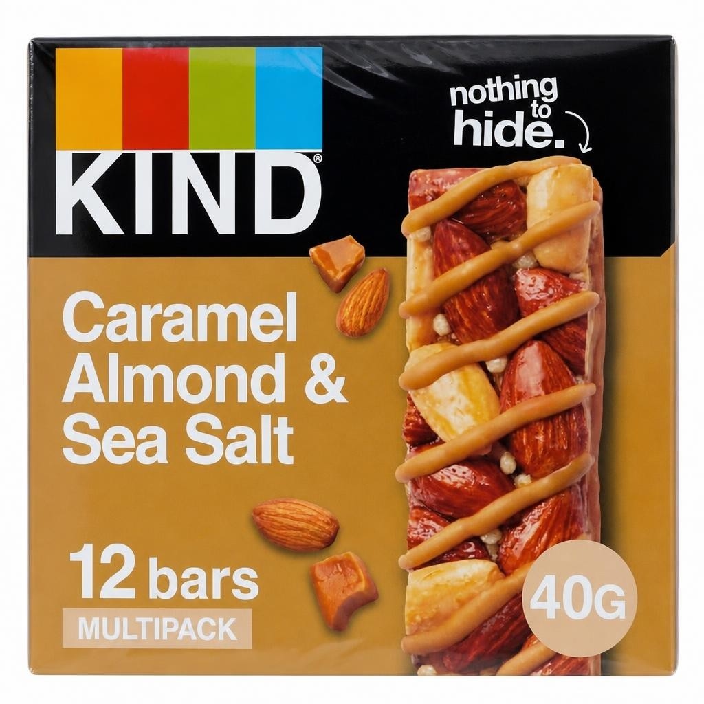 KIND Bars, Gluten Free Snack Bars, Caramel Almond & Sea Salt, High Fibre, Healthy Snack, No Artificial Colours, Flavours or Preservatives, Multipack 12 x 40g | Brown