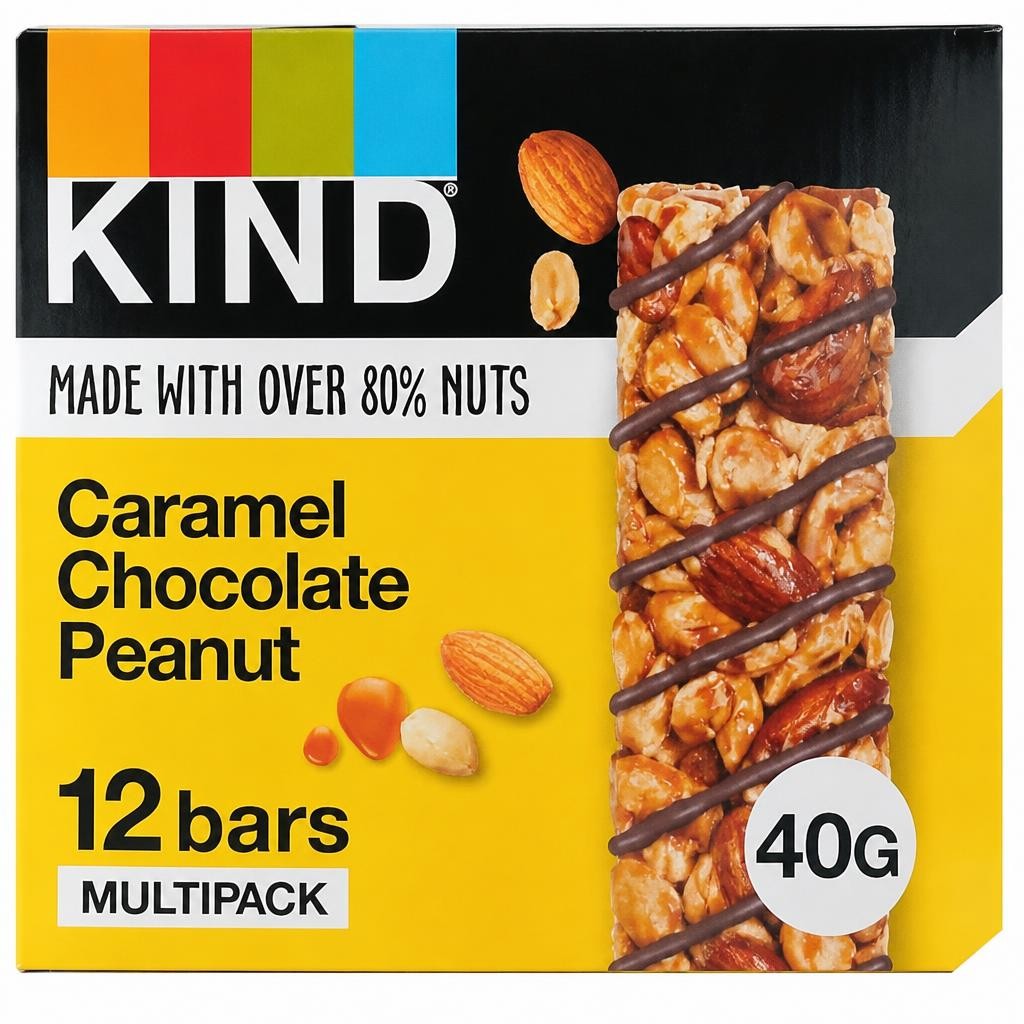 KIND Bars, Gluten Free Snack Bars, Caramel Chocolate Peanut, High Fibre, No Artificial Colours, Flavours or Preservatives, Multipack 12 x 40g | Yellow