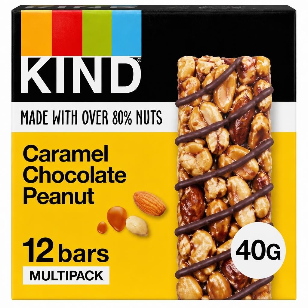 KIND Bars, Gluten Free Snack Bars, Caramel Chocolate Peanut, High Fibre, No Artificial Colours, Flavours or Preservatives, Multipack 12 x 40g | Yellow